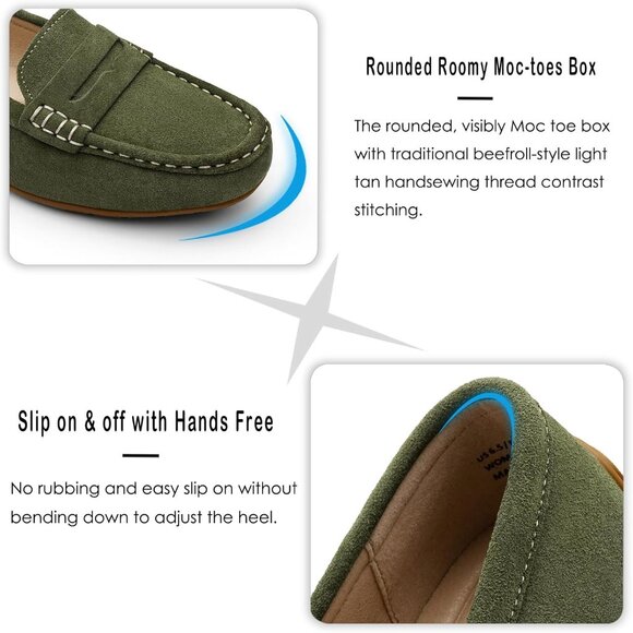 Kordal Women Army Green Suede Gold Accent Buckle Slip-Ons Walking Flats Loafers - Picture 5 of 9